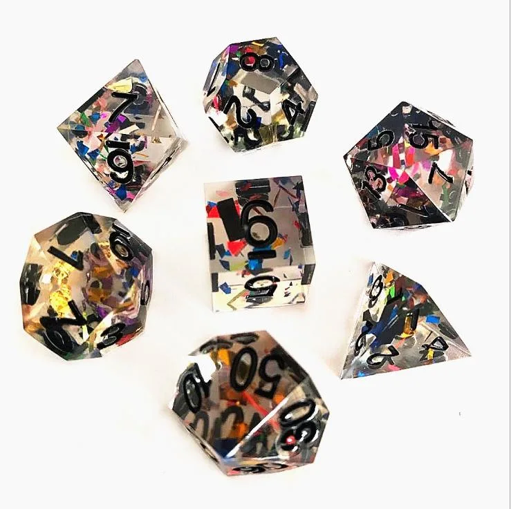 Sparkling Black Colored Gold Number Polyhedral Gemstone Dice Set 7 Pieces for Adult Games